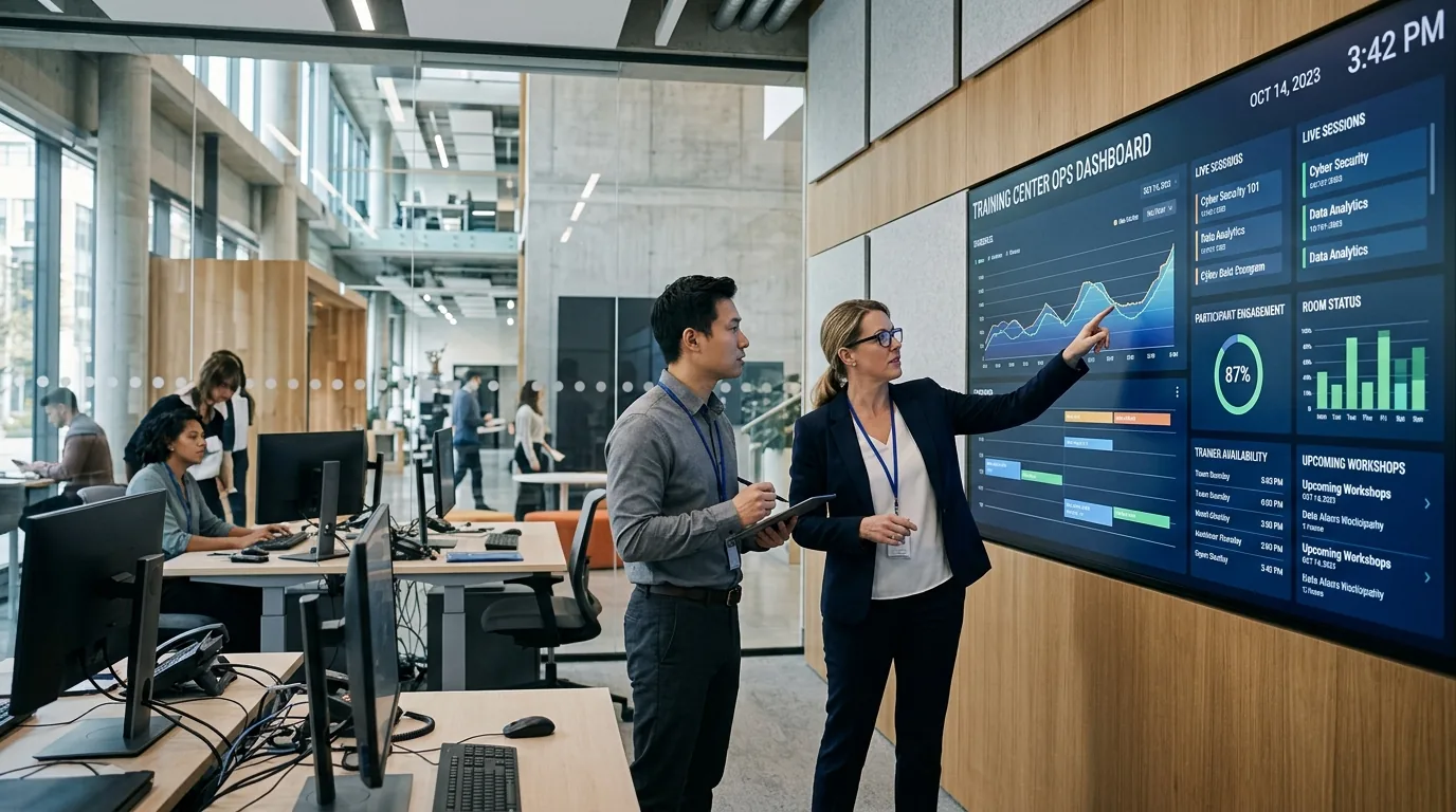 Modern training operations center managing multi-location scheduling and student services