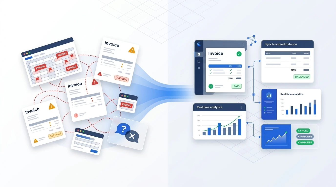 Operational bottlenecks and disconnected business workflows transforming into a connected digital enterprise platform.