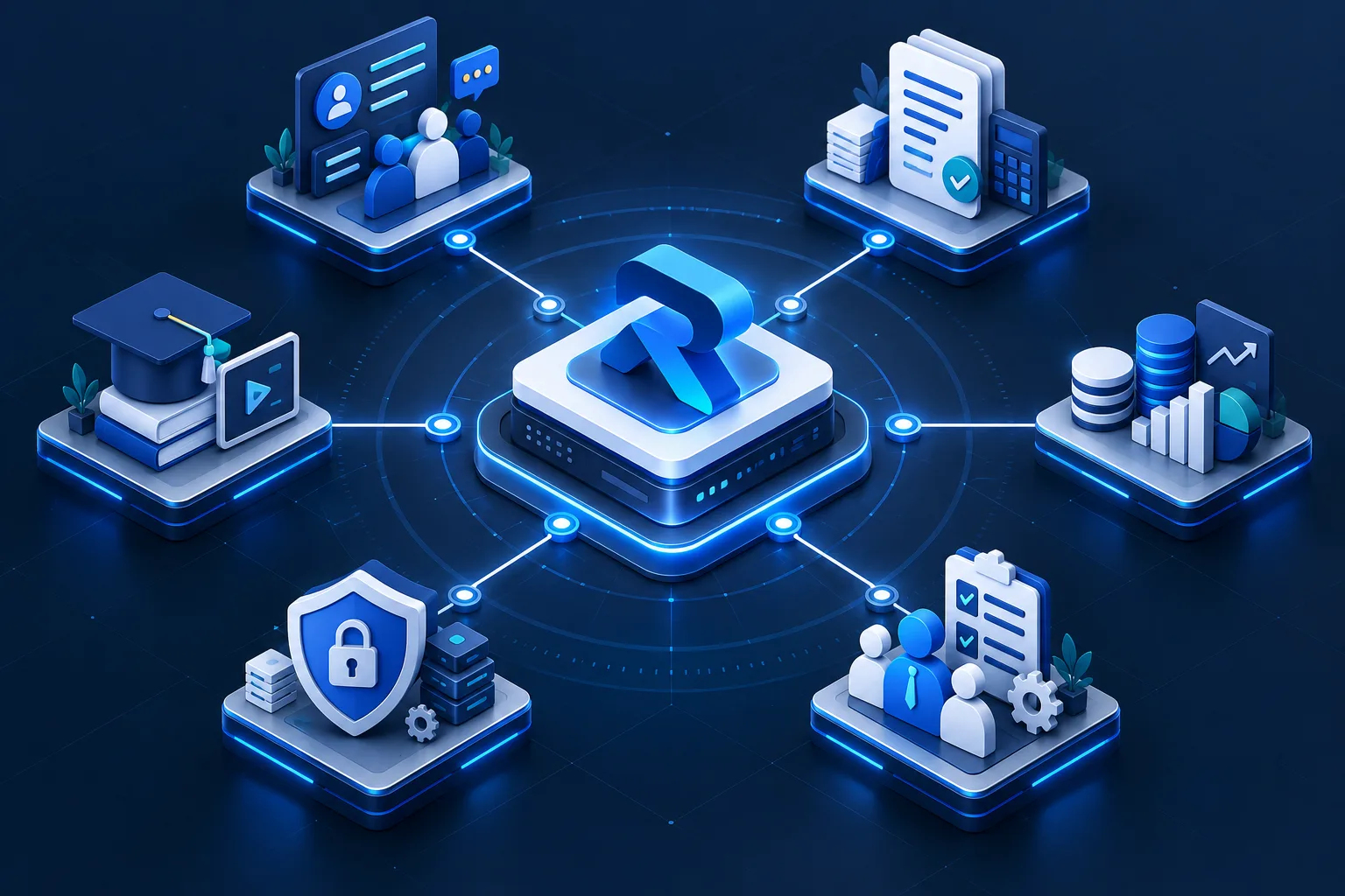 Central business software ecosystem connecting Rudram CRM, Invoice, Accounting, Payroll, VheTM, and EduSec.