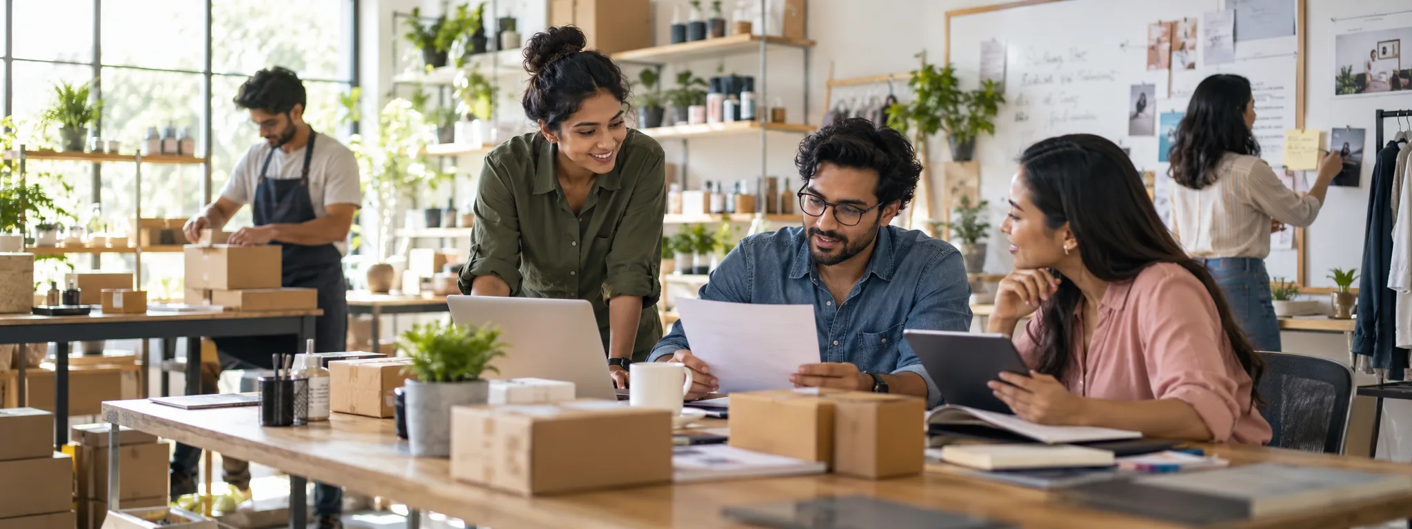 Business owners and commercial teams coordinating customer and operational workflows in a modern office.