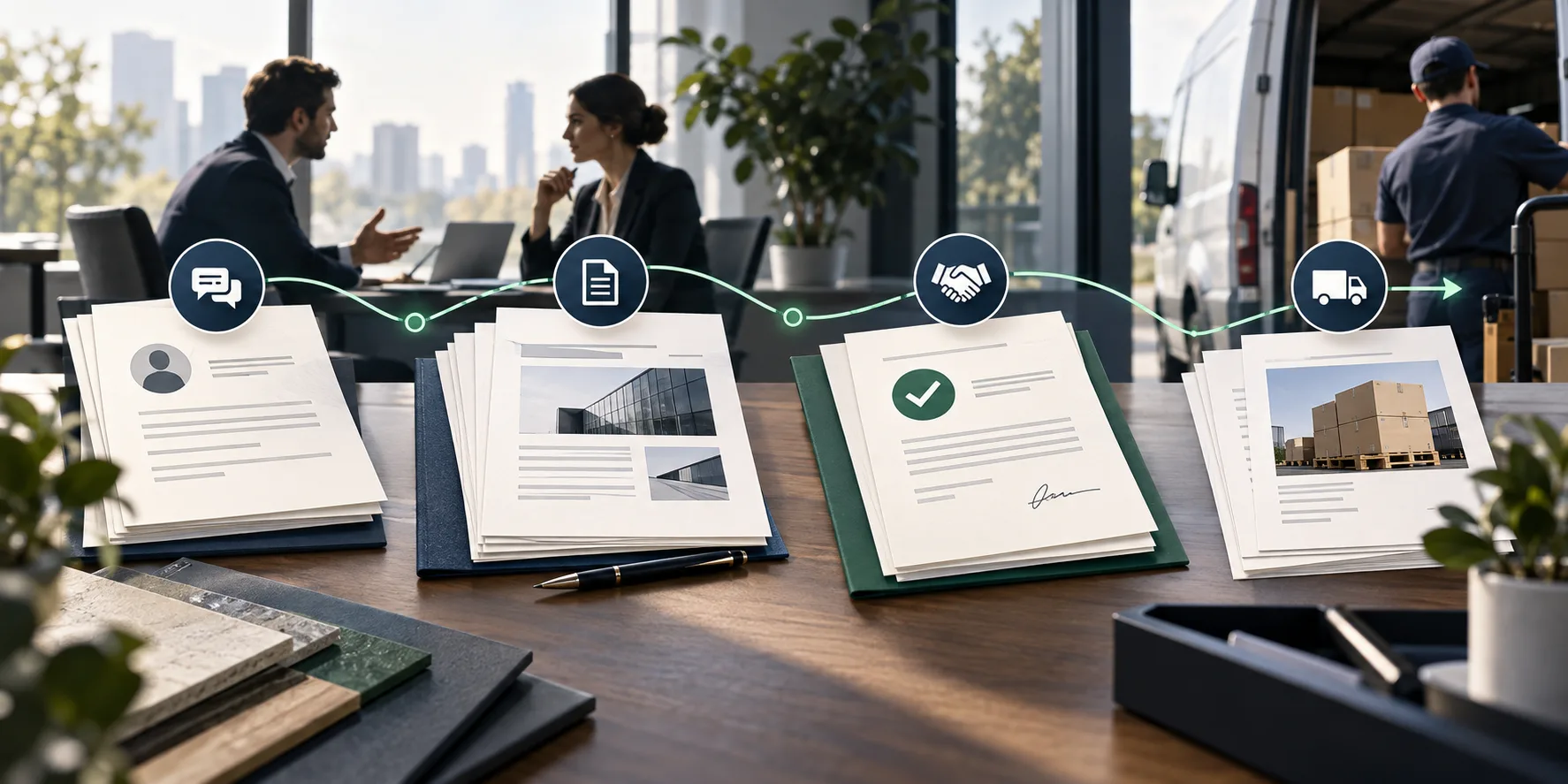 Commercial business document workflow connecting customer enquiry, proposal, order, and fulfillment records.