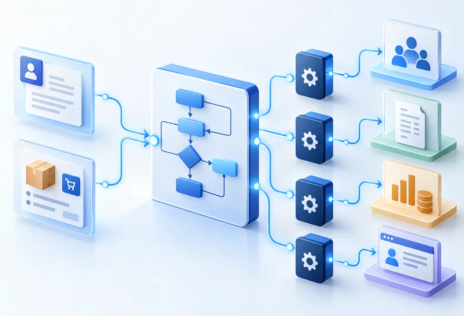Custom commercial software architecture connecting business workflows, API bridges, and customer portals.