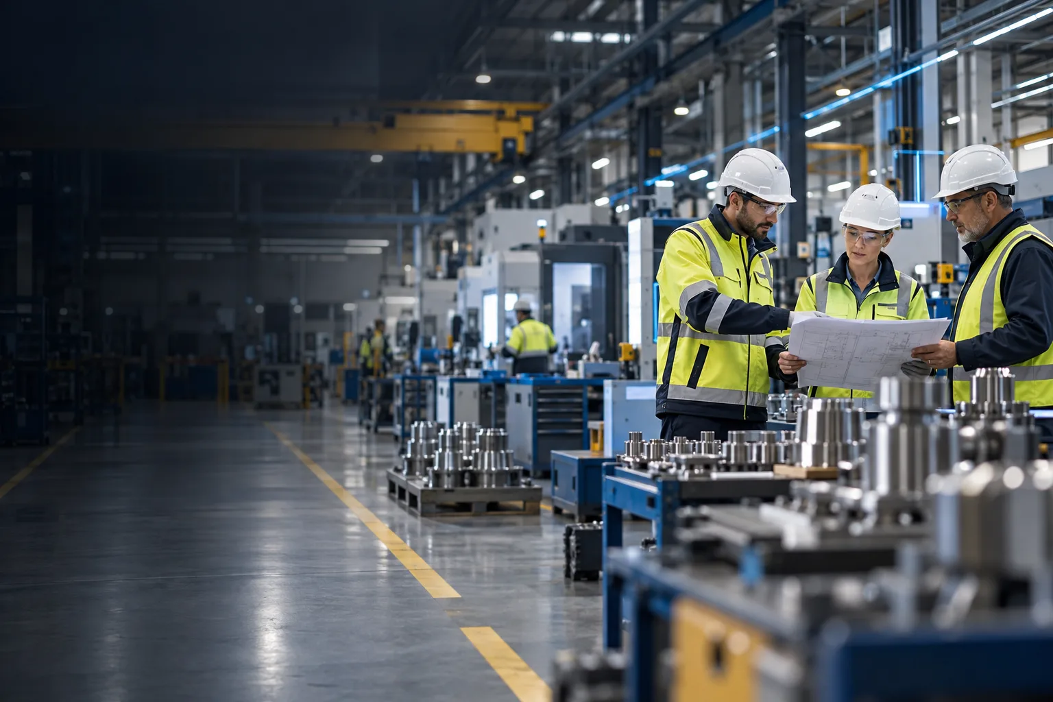 Modern industrial manufacturing plant with precision assembly stations and plant supervisors managing production workflows.