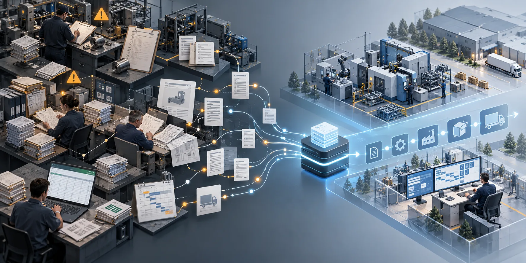 Analytical illustration showing manufacturing administration bottlenecks resolving into an integrated business workflow.