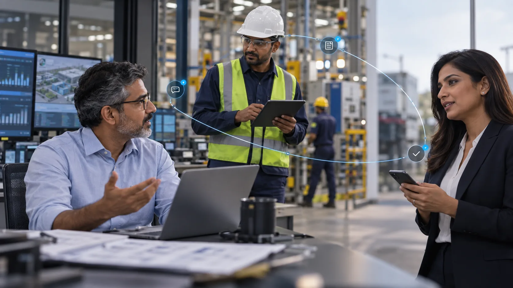 Industrial operations manager coordinating customer and plant communication through connected business software.