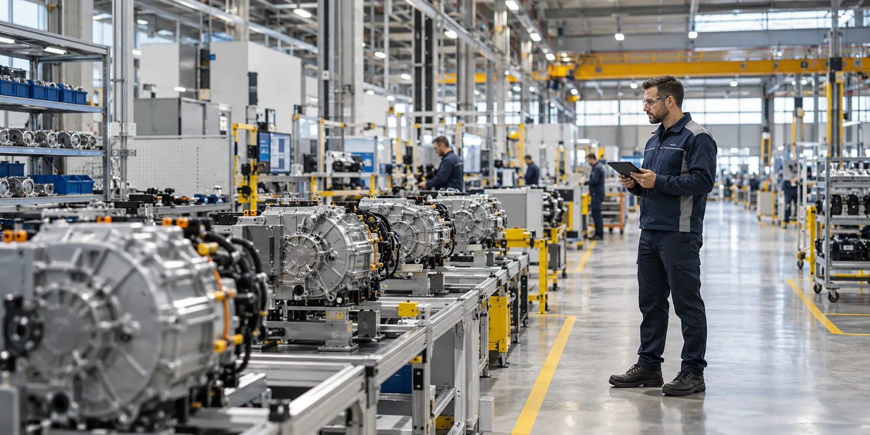 Wide-angle modern manufacturing assembly bay with organized production lines and an operational supervisor.