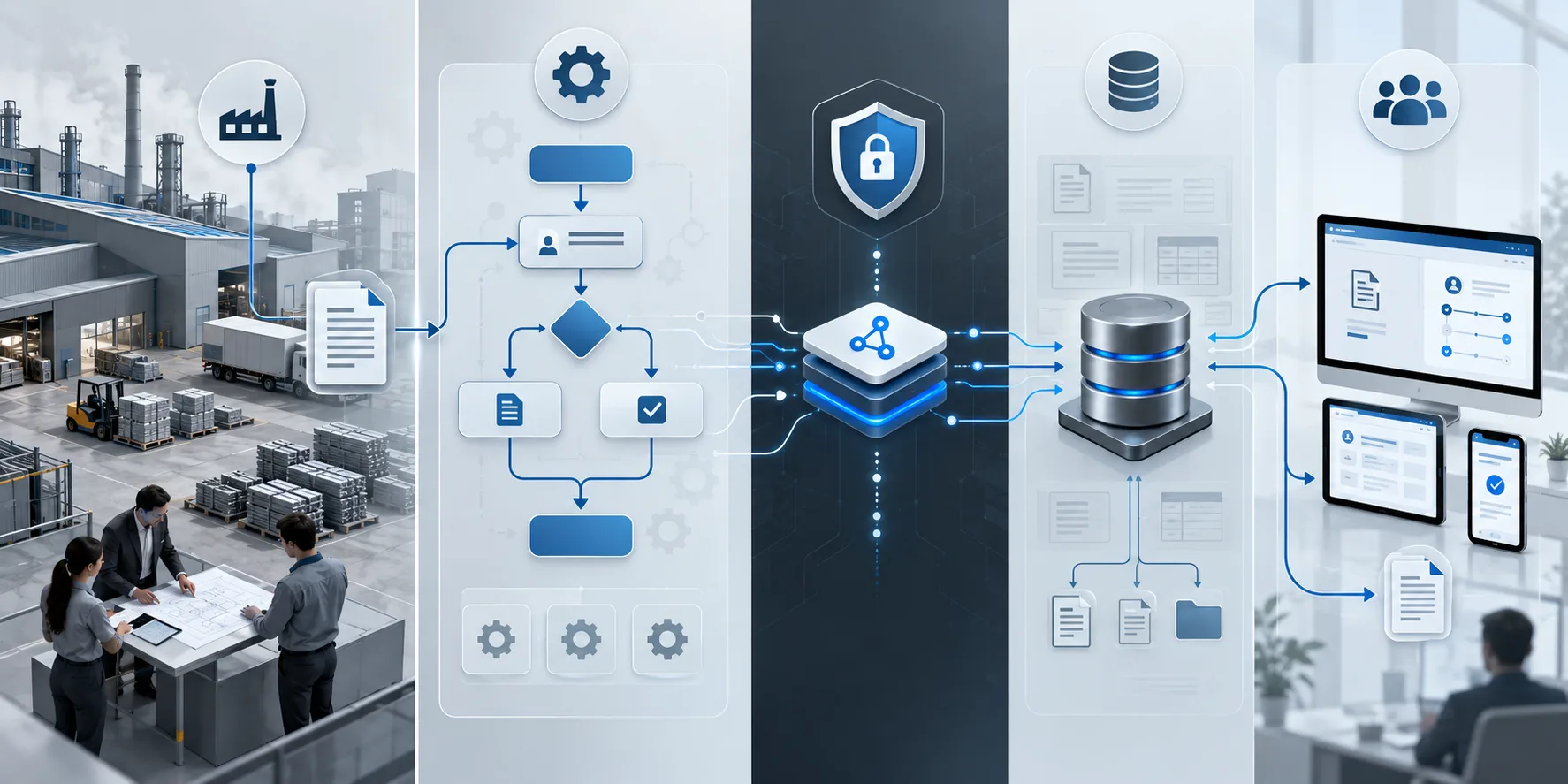 Layered architecture diagram showing custom industrial software workflows, API bridges, and enterprise data connections.