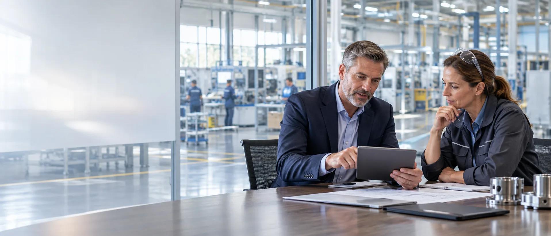 Industrial sales executives negotiating commercial supply contracts with an institutional client.