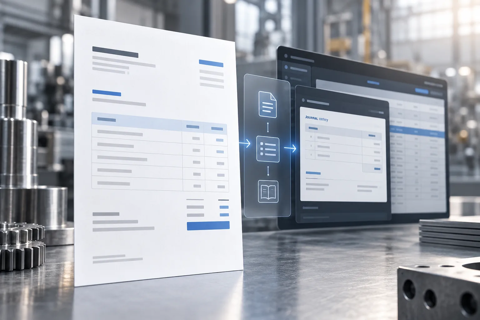 Software interface showing commercial tax billing and double-entry ledger reconciliation for industrial operations.