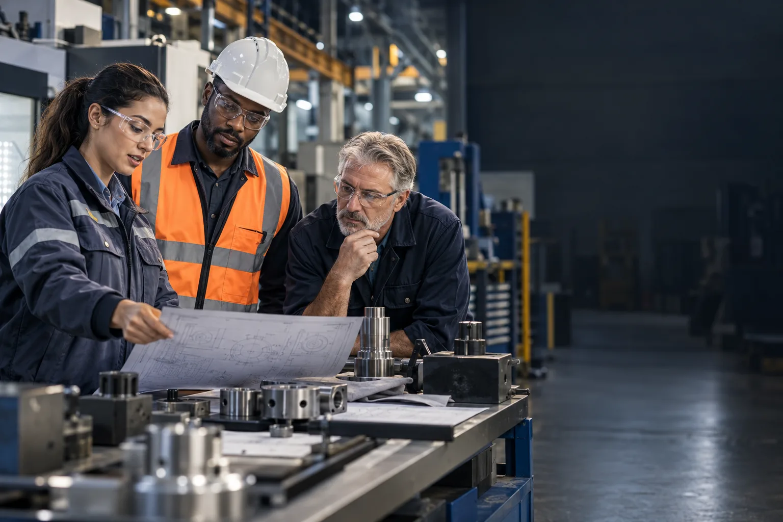 Industrial manufacturing team including plant engineers, supervisors, and technical operators in modern safety gear.