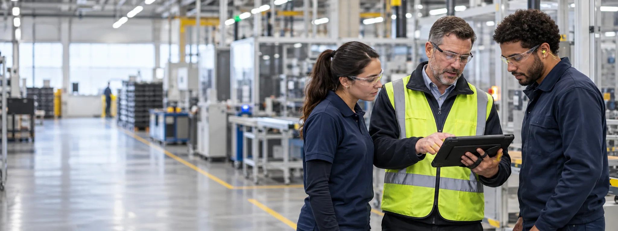 Plant supervisor reviewing industrial shift schedules and workforce attendance on a rugged tablet.