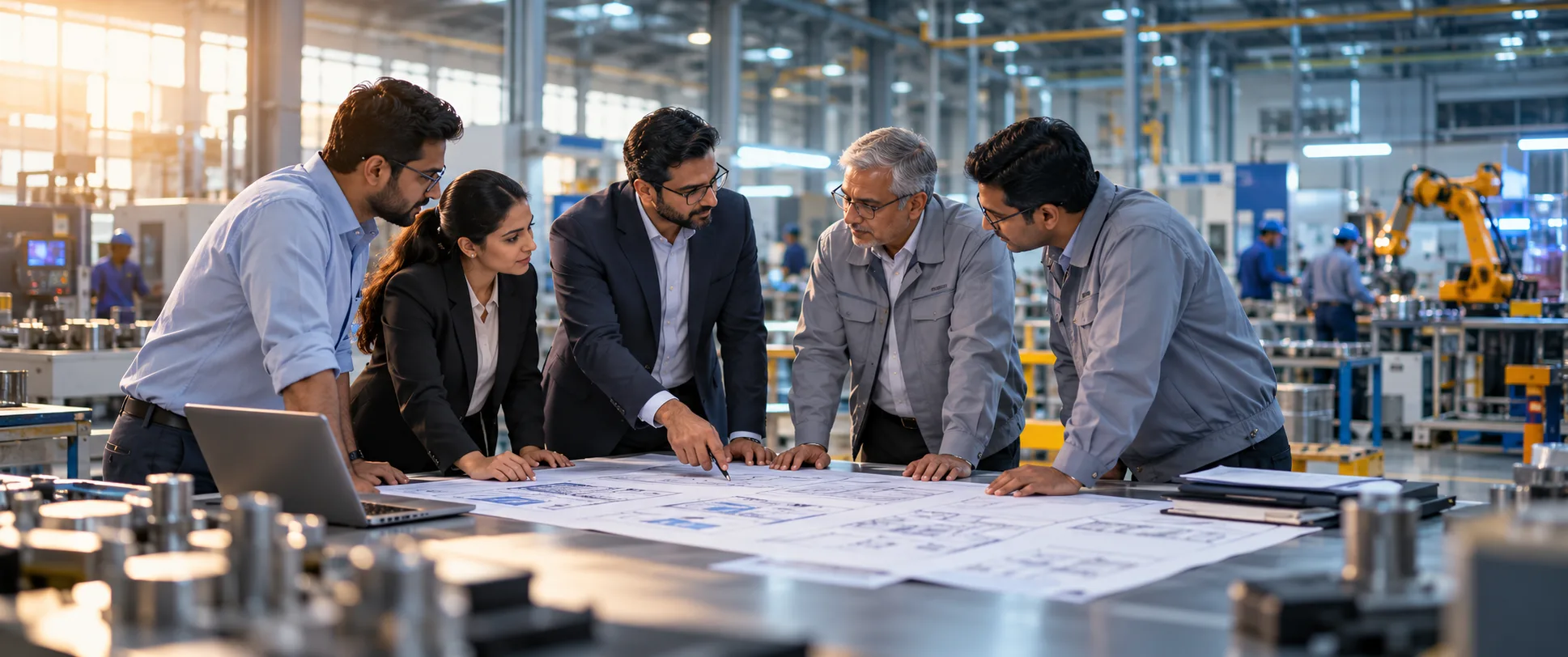 Rudram software architects collaborating with manufacturing executives over industrial business workflows