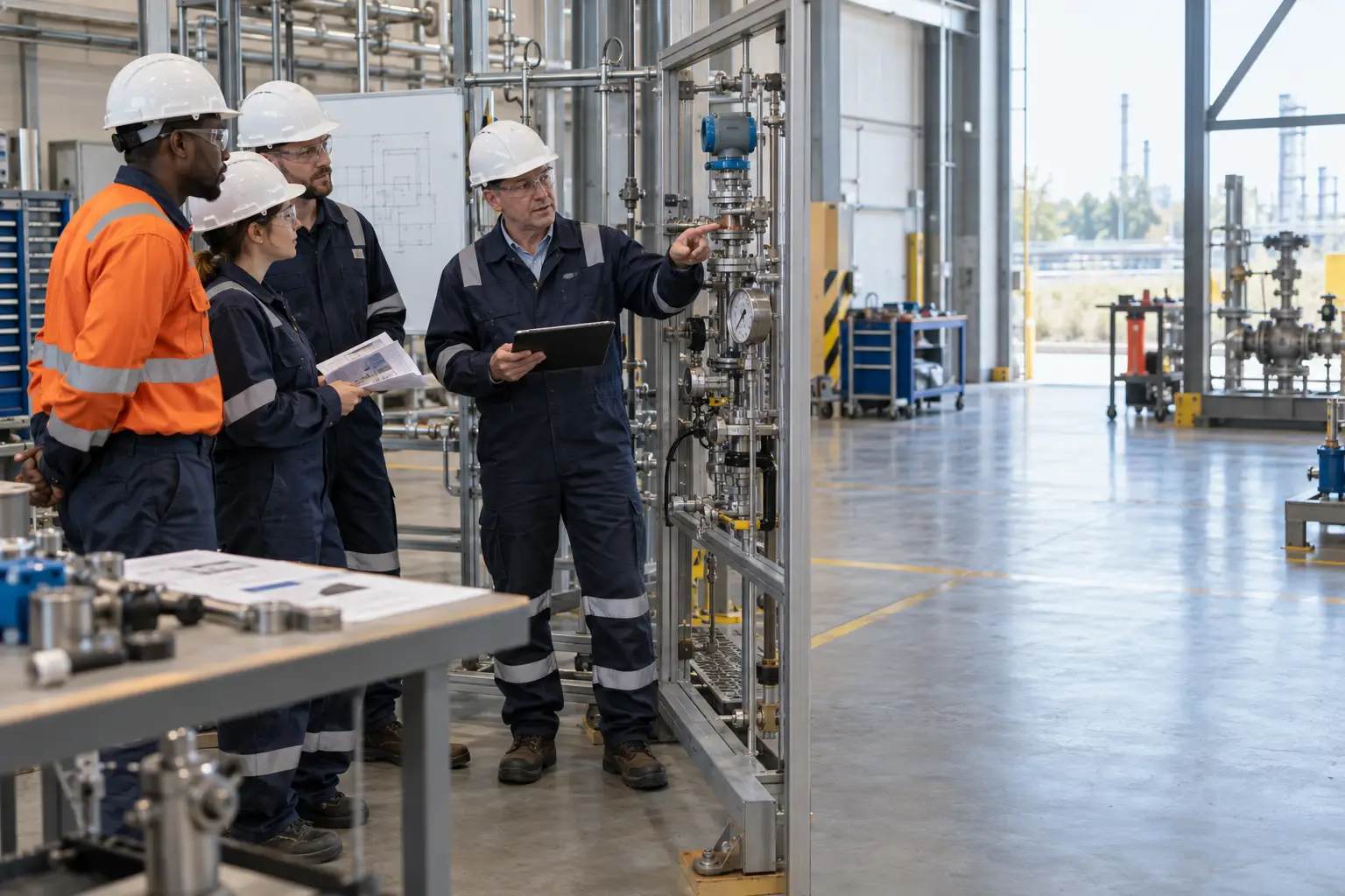 Technical training academy workshop with instructors and energy professionals using digital learning tools