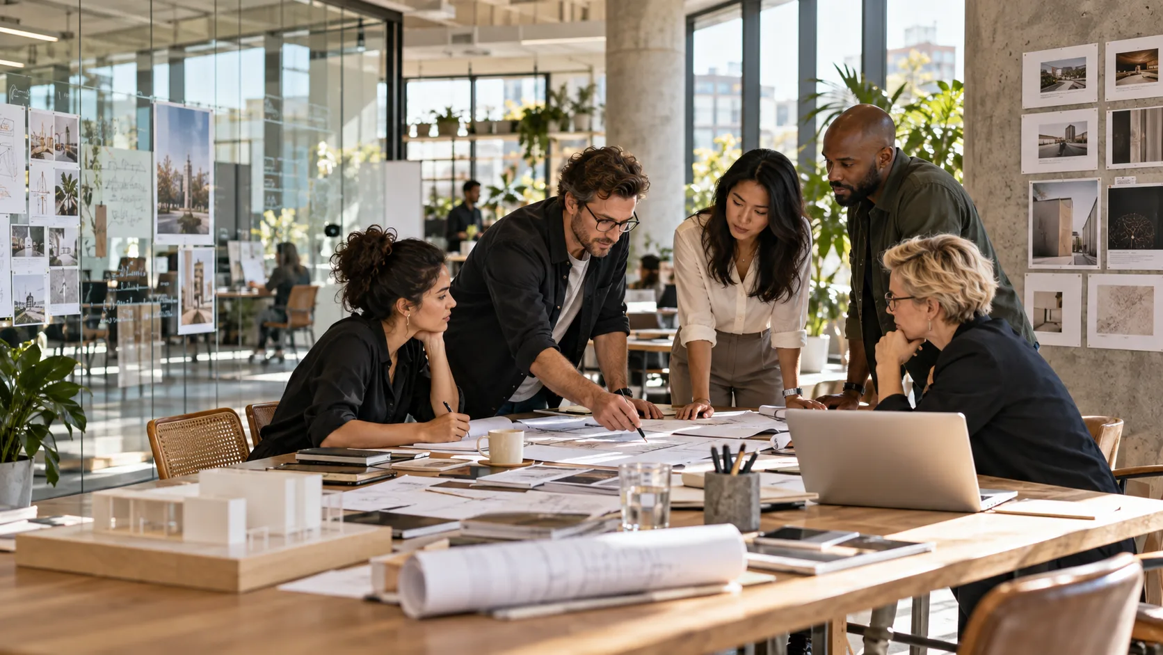 Professional advisory team collaborating in a modern consulting studio.