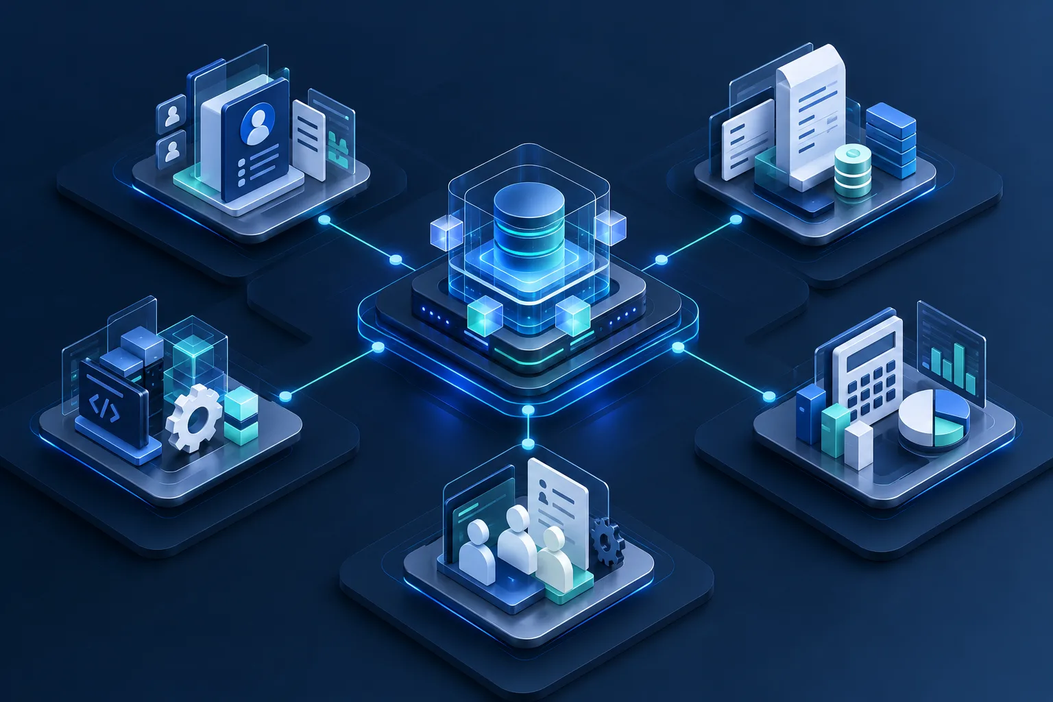 Central architecture network connecting Rudram CRM, Invoice, Accounting, Payroll and custom engineering for professional services.