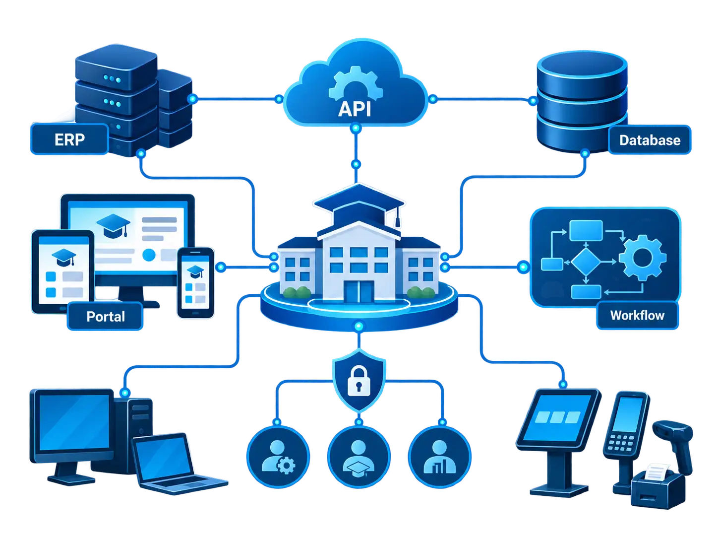 Custom training ERP development, API middleware, relational database, and workflow integration architecture