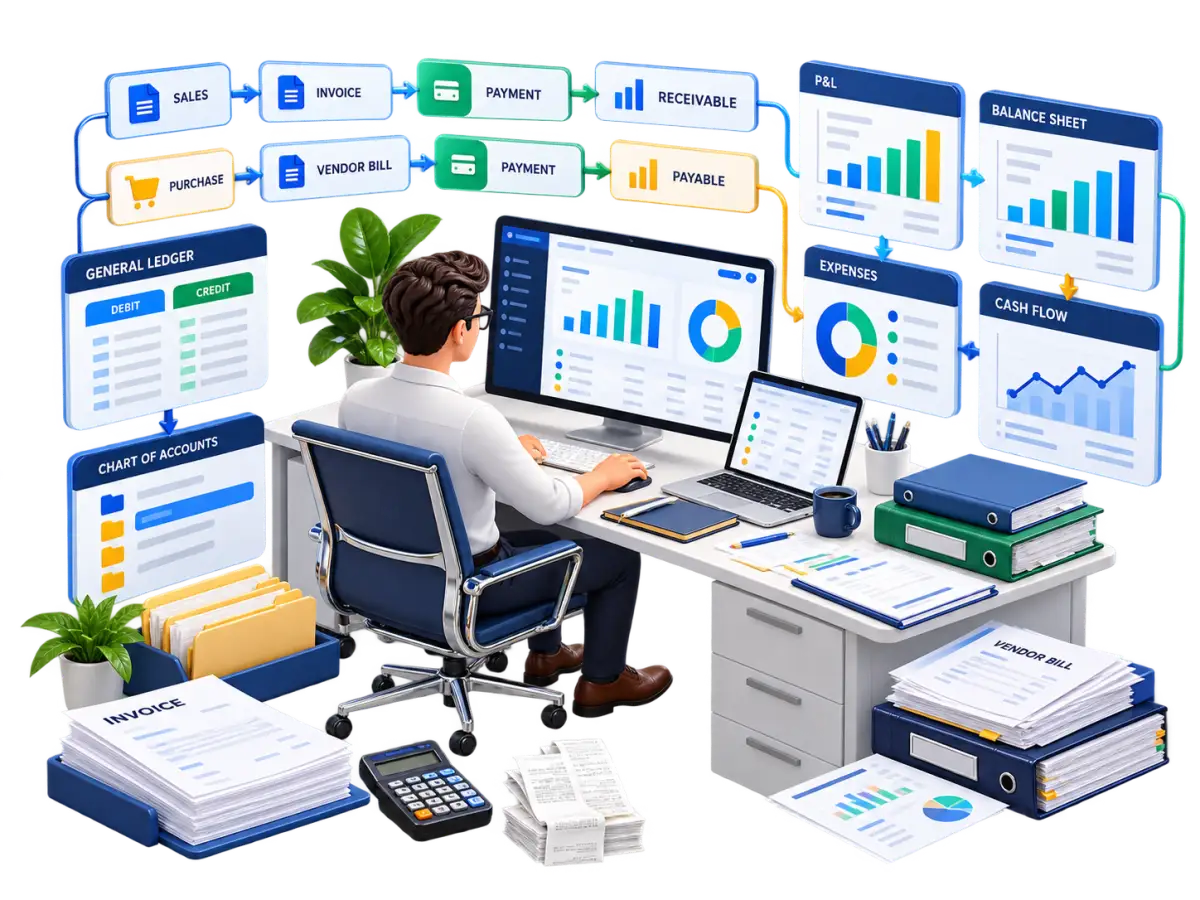 Rudram Accounting connected sales, purchasing, receivables, payables, general ledger, expenses and financial reports