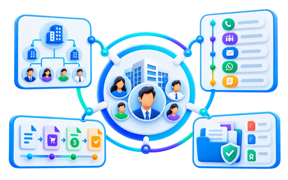 Customer 360 visual showing connected account and contacts, interaction history, commercial records, and secure documents