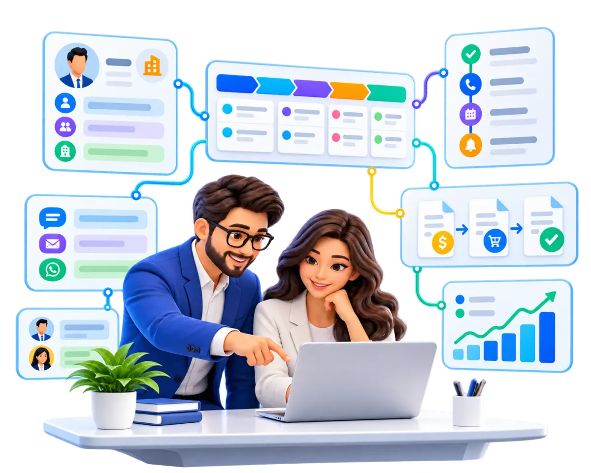 Rudram CRM visual showing connected leads, customer accounts, sales pipeline, communication, invoicing and forecasting workflows
