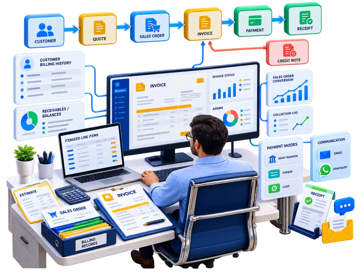 Rudram Invoice quote-to-cash workflow showing customers, quotes, sales orders, invoices, payments, receipts, credit notes and receivables