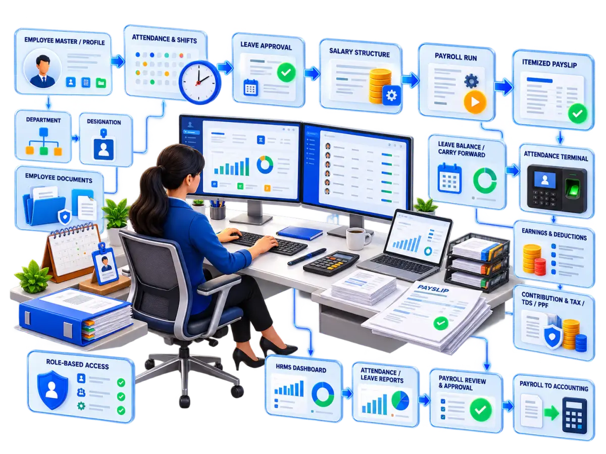 Rudram Payroll and HRMS workflow connecting employee profiles, attendance, leave approval, salary structures, payroll runs, payslips and HR reports