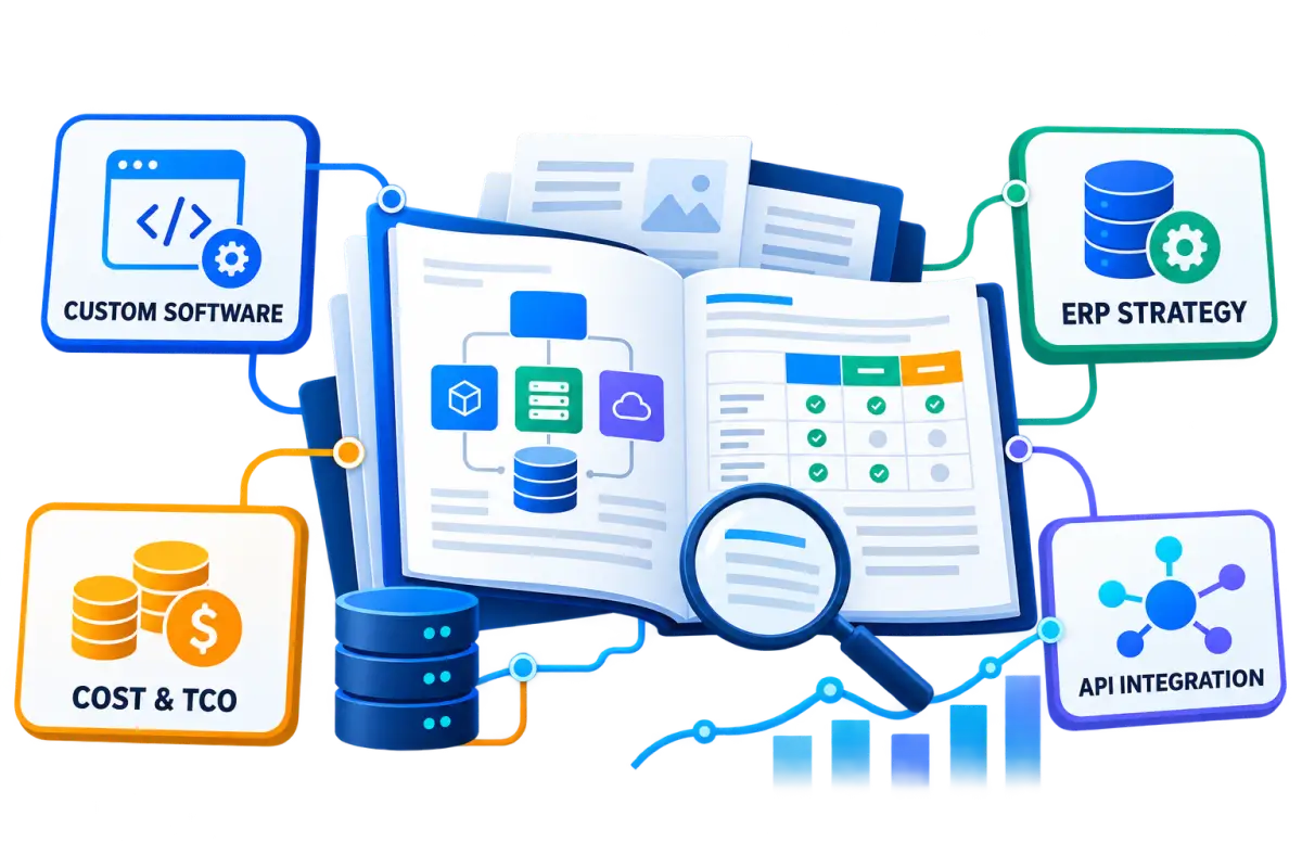 Connected engineering insights dossier showing custom software, ERP strategy, cost and TCO, and API integration topics