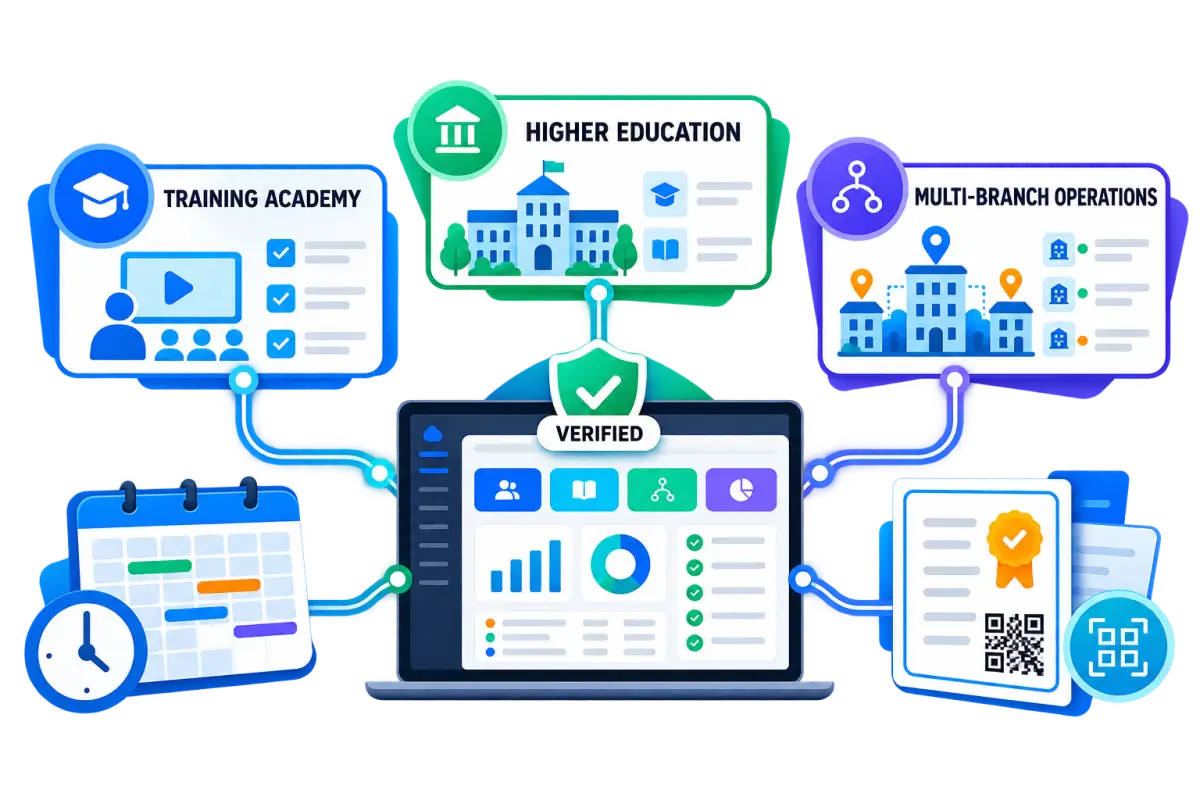 Connected verified implementation map showing training academy, higher education, and multi-branch operations outcomes