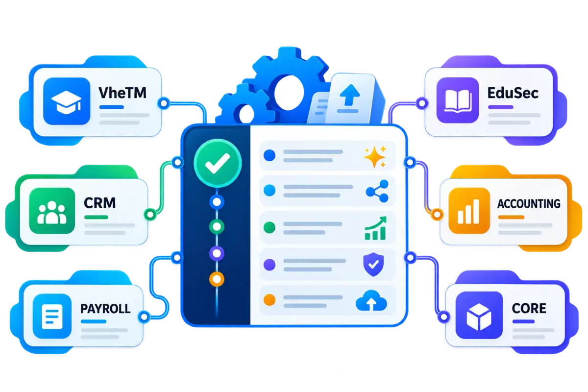 Connected enterprise release changelog showing VheTM, EduSec, CRM, accounting, payroll, and core platform updates