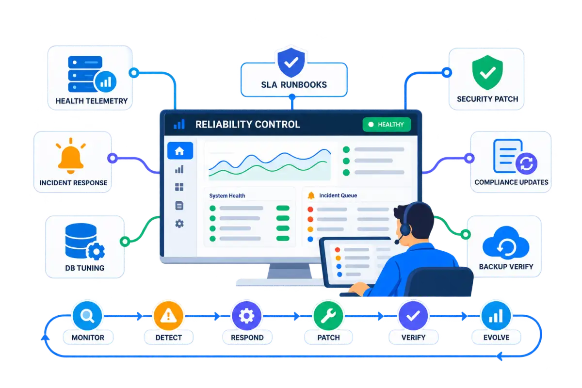Application maintenance visual showing Reliability Control, health telemetry, incident response, database tuning, security patching, compliance updates, backup verification, and the monitor-to-evolve lifecycle