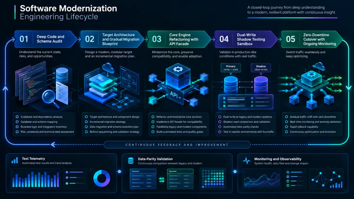 5-Stage Software Modernization Engineering Lifecycle and Validation Loop