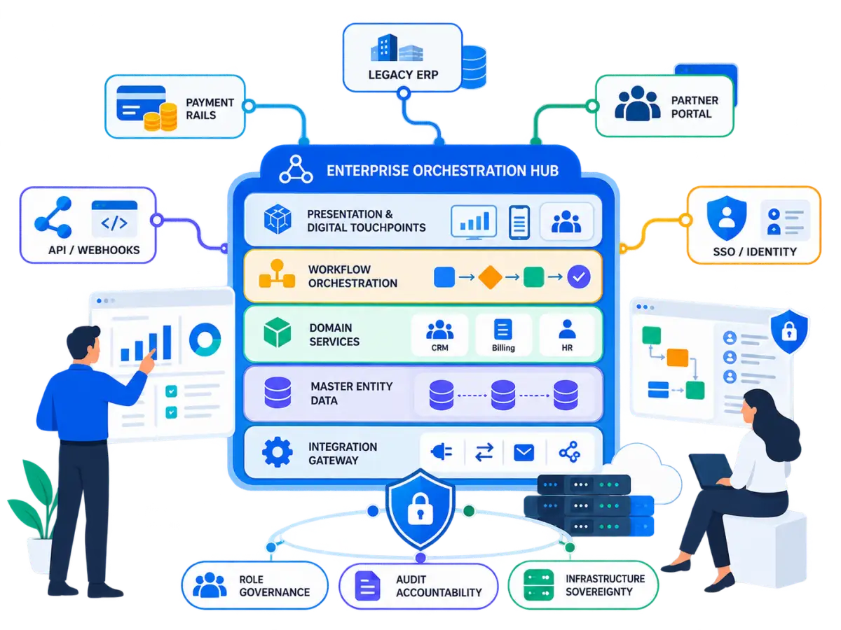 Enterprise software architecture visual showing a multi-tier orchestration hub, connected systems, workflow layers, role governance, audit accountability, and infrastructure sovereignty