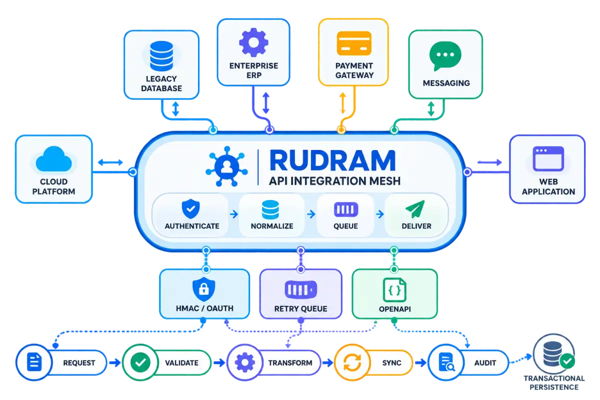 API integration visual showing legacy databases, enterprise ERP, payment gateway, messaging, cloud platform, and web application connected through a Rudram API integration mesh