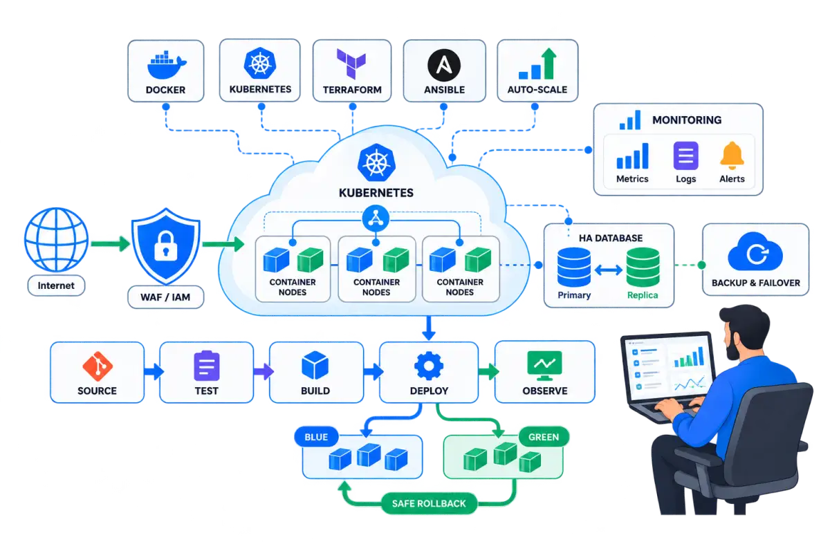Cloud DevOps visual showing Kubernetes container nodes, Docker, Terraform, Ansible, CI/CD stages, monitoring, high-availability database replication, WAF, and safe rollback