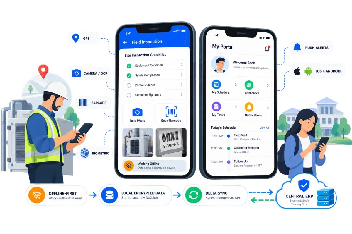 Mobile app development visual showing offline-first field inspection, customer portal workflows, device sensors, encrypted local data, delta sync, and central ERP connectivity