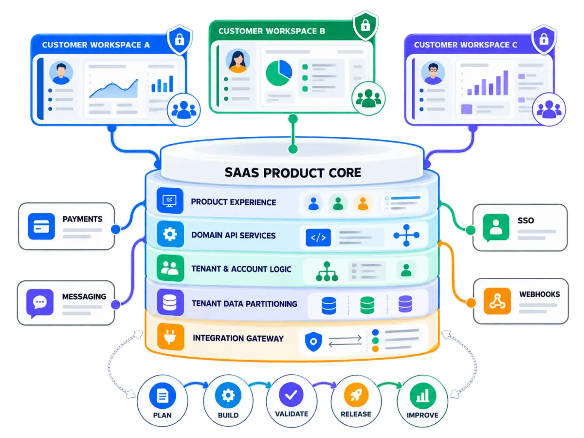 SaaS product development visual showing a multi-tenant product core, customer workspaces, API services, tenant data partitioning, integrations, and continuous evolution