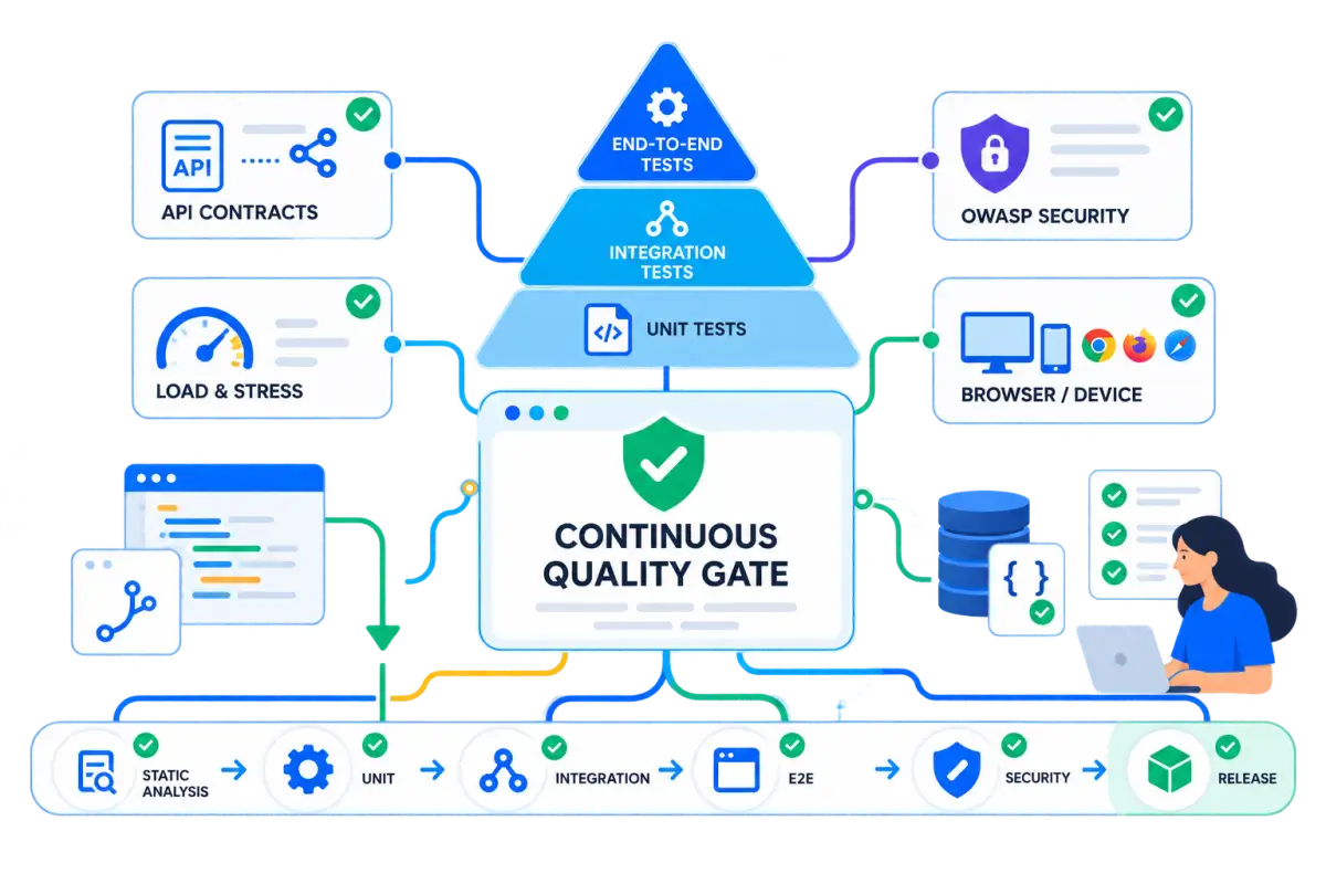 Software testing visual showing a continuous quality gate, test pyramid, API contracts, load and stress testing, OWASP security, browser and device validation, and CI/CD release stages