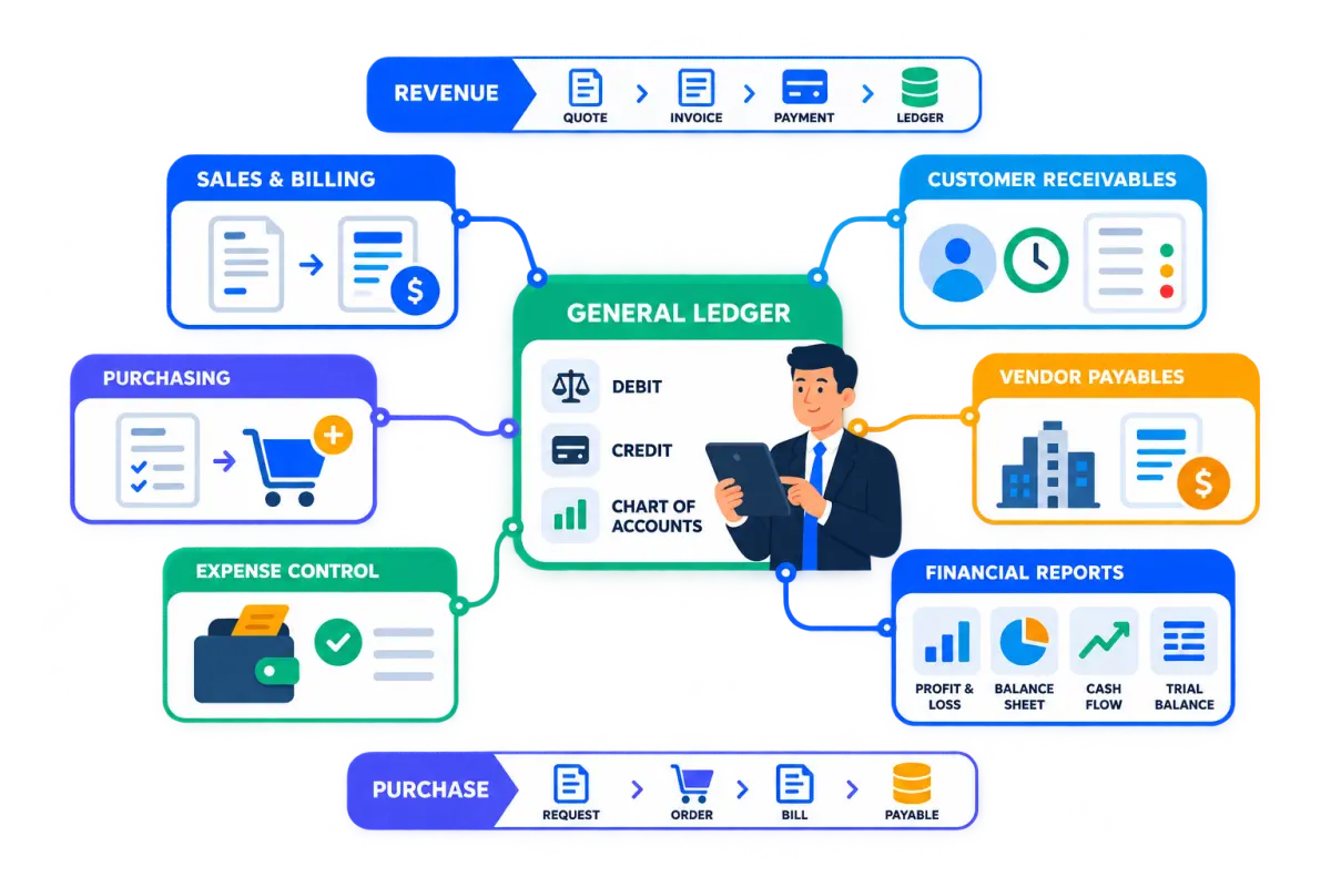 Accounting and finance workflow connecting sales and billing, customer receivables, purchasing, vendor payables, expense control, general ledger and financial reports