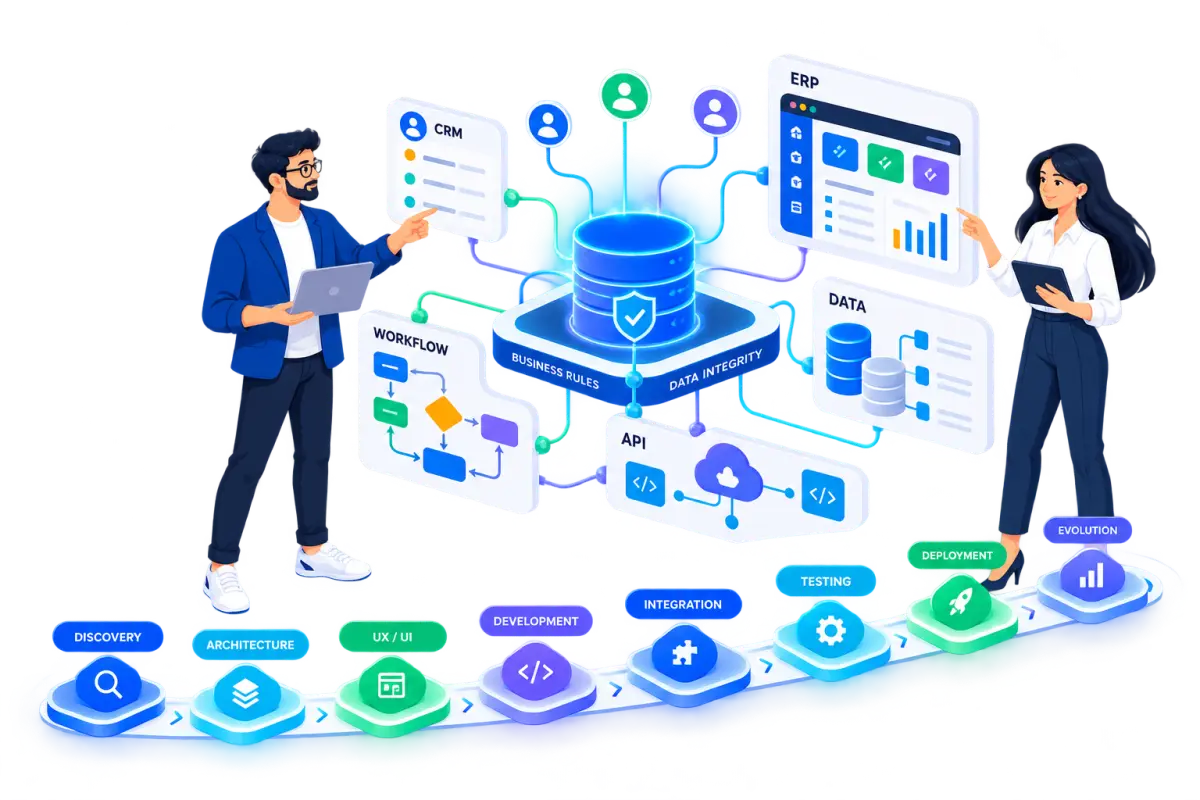 Custom software solutions visual showing business workflows, architecture, integrations, data systems, and an eight-stage path from discovery to evolution
