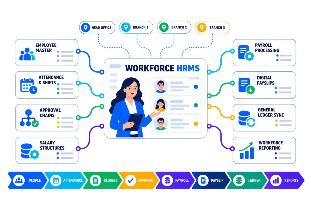 HR and payroll workflow connecting employee master records, attendance and shifts, approval chains, salary structures, payroll processing, digital payslips, general ledger sync and workforce reporting
