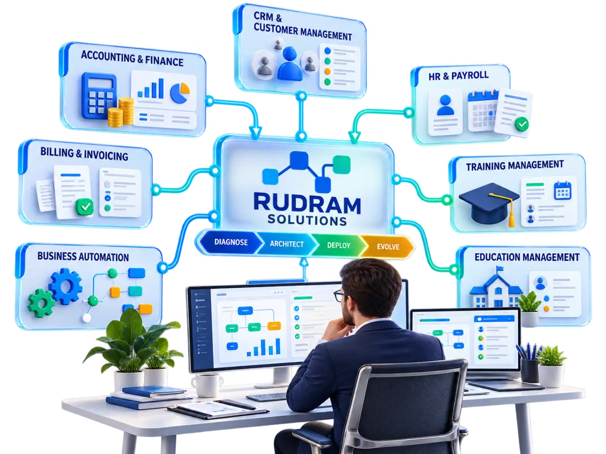 Rudram Solutions architecture connecting CRM, accounting, billing, HR and payroll, training, education, and business automation through diagnose, architect, deploy, and evolve workflows