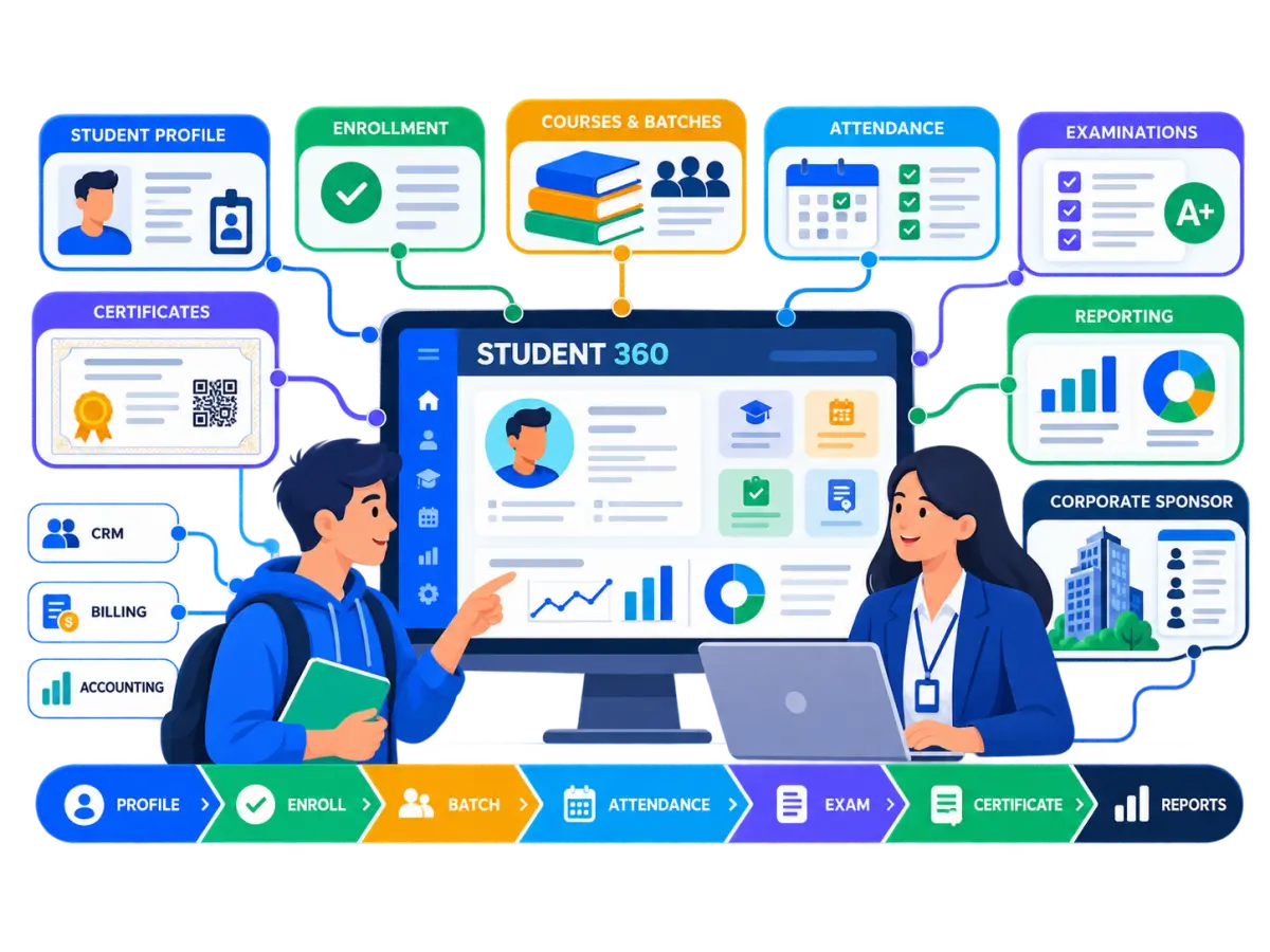 Student and trainee management workflow connecting student profiles, enrollment, courses, batches, attendance, examinations, certificates, reporting, CRM, billing and accounting